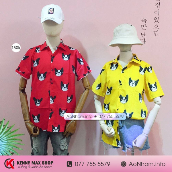 [Hàng Đặt May] Áo Sơ Mi Hoạt Hình - Chó Pull Pháp - Áo Đôi Nhóm Lớp Team Building