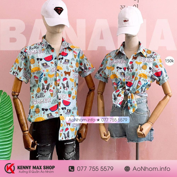 [Hàng Đặt May] Áo Sơ Mi Hoạt Hình - Hello Summer Xanh - Áo Đôi Nhóm Lớp Team Building