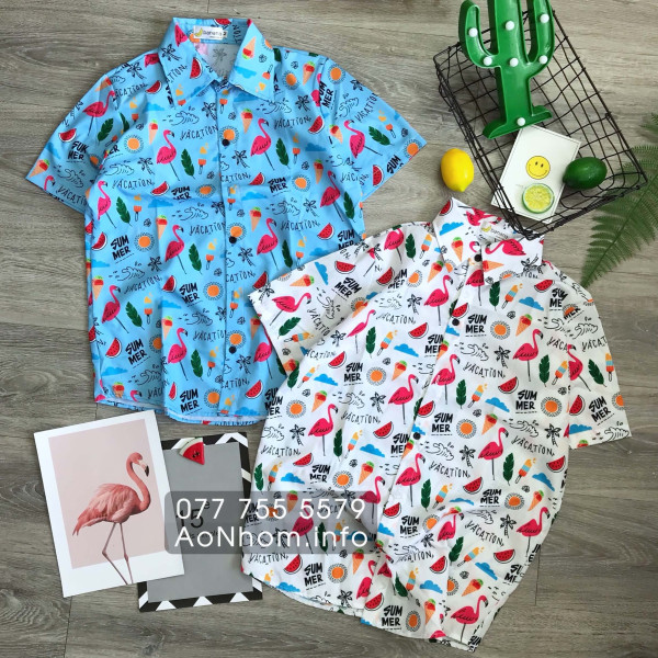 [Hàng Đặt May] Áo Sơ Mi Hoạt Hình - Hạc Trắng Xanh Vacation Summer - Áo Đôi Nhóm Lớp Team Building
