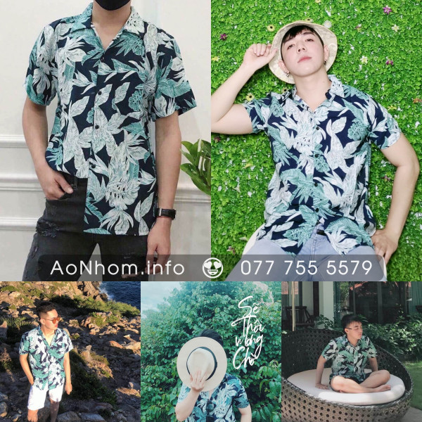 Áo Sơ Mi Đi Biển - Lá Cây Xám Nhiệt Đới - Chất Vải Tơ Đũi Mềm Thoáng Mát