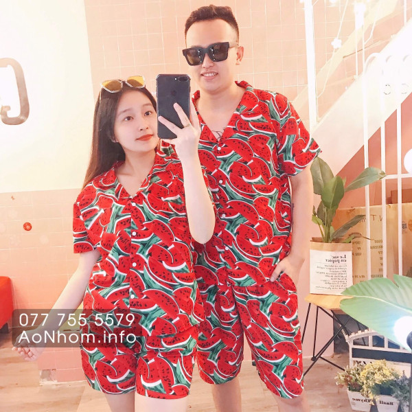 Bộ Đi Biển Kate Thái - Trái Dưa Hấu Đỏ - Đồng Phục Nhóm Lớp Team Building Vải Mềm Mát