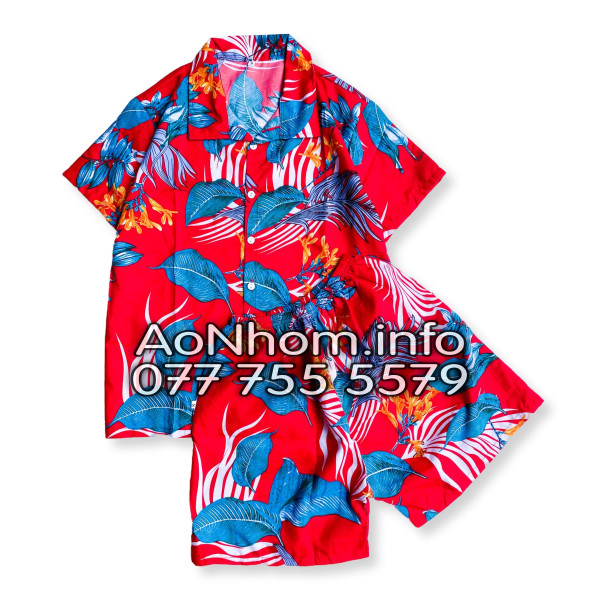 Bộ Đi Biển Kate Thái - Hoa Đỏ - Đồng Phục Nhóm Lớp Team Building Vải Mềm Mát