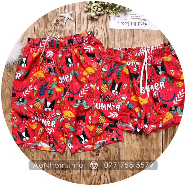 Quần Thun Hoạt Hình - Hello Summer Đỏ - Chất Thun Dày Co Giãn 4 Chiều Mềm Mát